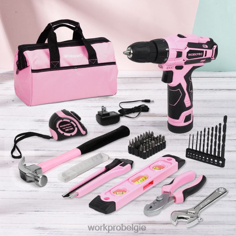 WORKPRO 12V accuboormachine en gereedschapsset voor thuis met opbergtas van 14 inch 6BNP0258 hulpmiddel roze