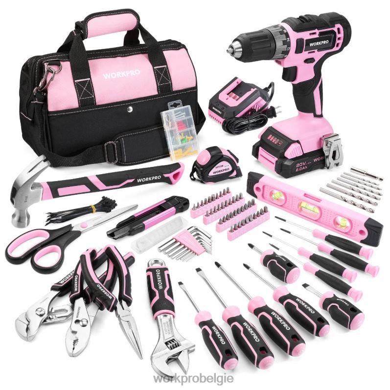 WORKPRO 157-delige accuboormachinecombinatieset met 20 V accu-lithium-ion 6BNP0259 hulpmiddel roze/grijs