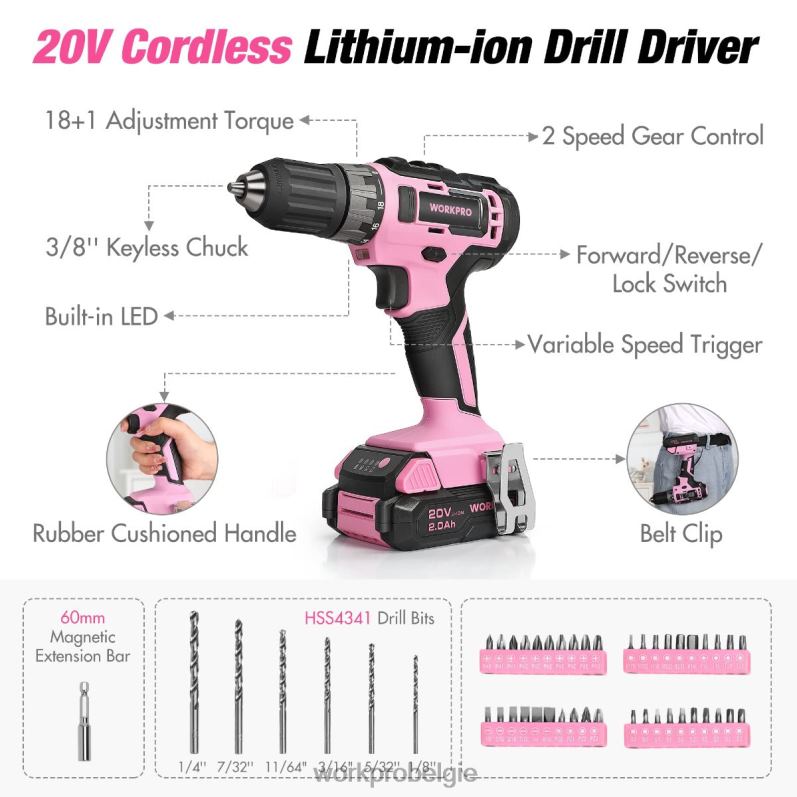 WORKPRO 157-delige accuboormachinecombinatieset met 20 V accu-lithium-ion 6BNP0259 hulpmiddel roze/grijs
