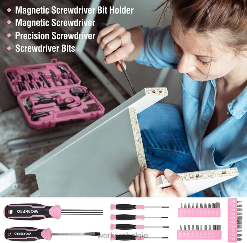 WORKPRO 52-delige gereedschapsset, damesgereedschapsset voor thuis met opbergdoos voor gereedschap, basisgereedschapsset - lint 6BNP0249 hulpmiddel roze