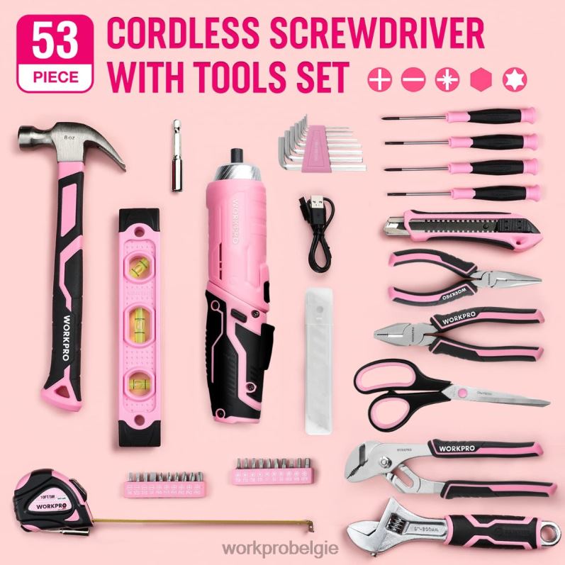 WORKPRO 55-delige gereedschapsset, 3,7 V draaibare accuschroevendraaier en huishoudelijke gereedschapsset 6BNP0264 hulpmiddel roze
