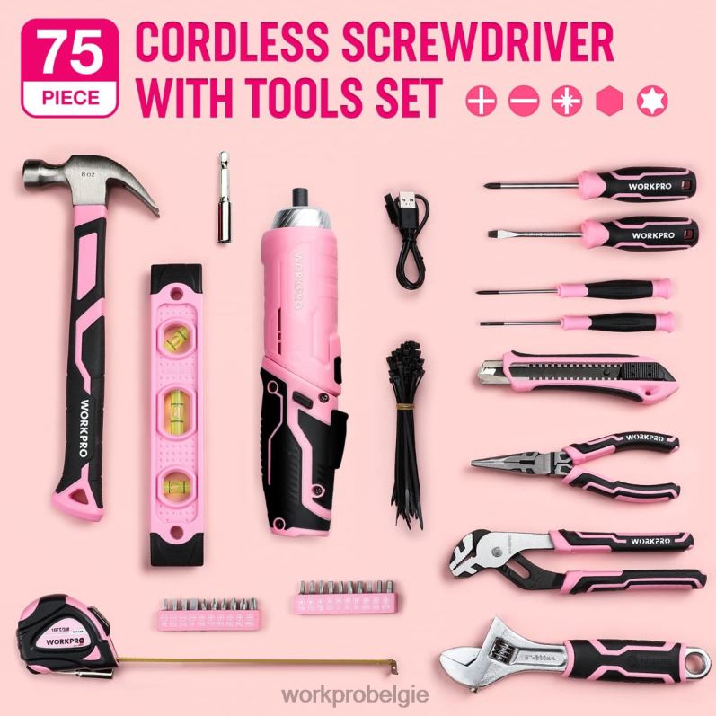 WORKPRO 75-delige gereedschapsset, 3,7 V draaibare accuschroevendraaier en huishoudelijke gereedschapsset 6BNP0260 hulpmiddel roze