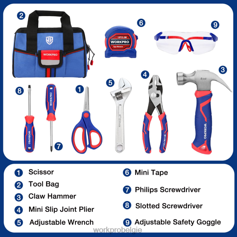 WORKPRO 9-delige junior gereedschapsset voor kinderen met gereedschapstas 6BNP0253 hulpmiddel roze blauw