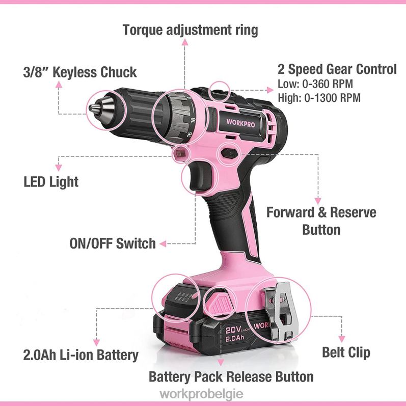 WORKPRO Inclusief 20V accuboormachineset met snellader en 11 inch opbergtas 6BNP0261 hulpmiddel roze