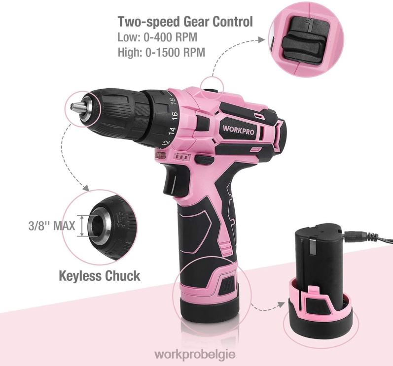 WORKPRO accuboormachineset 12v elektrische schroevendraaier gereedschapsset voor dames 6BNP0263 hulpmiddel roze