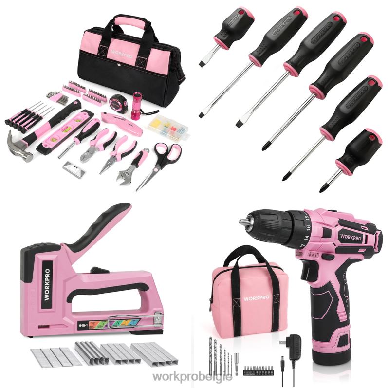 WORKPRO 106-delige gereedschapsset & 6-delige magnetische schroevendraaiers & 12V accuboormachine-set & 6-in-1 nietpistool 6BNP0312 hulpmiddel roze