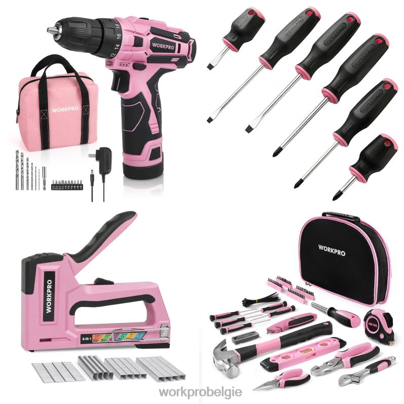 WORKPRO 12V accuboormachineset & 103-delige gereedschapsset & 8-delige magnetische schroevendraaierset & 6-in-1 nietpistool 6BNP0315 hulpmiddel roze