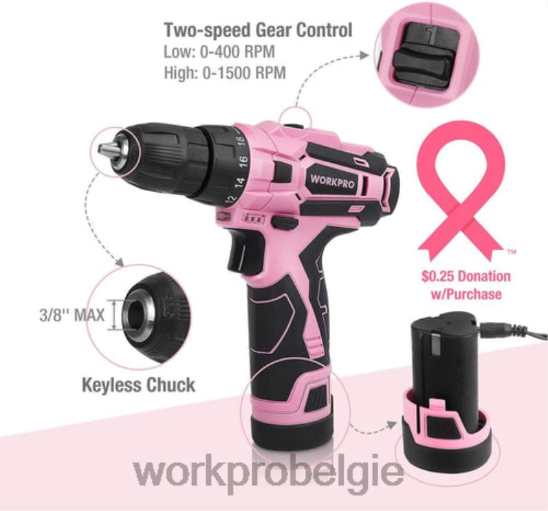 WORKPRO 12V accuboormachineset & 103-delige gereedschapsset & 8-delige magnetische schroevendraaierset & 6-in-1 nietpistool 6BNP0315 hulpmiddel roze