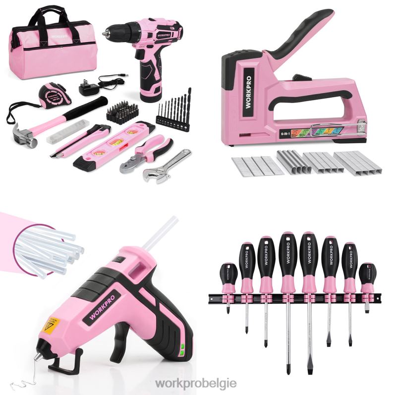 WORKPRO 12V accuboormachineset & 6-in-1 nietpistool & 8-delige magnetische schroevendraaierset & draadloos smeltlijmpistool 6BNP0313 hulpmiddel roze