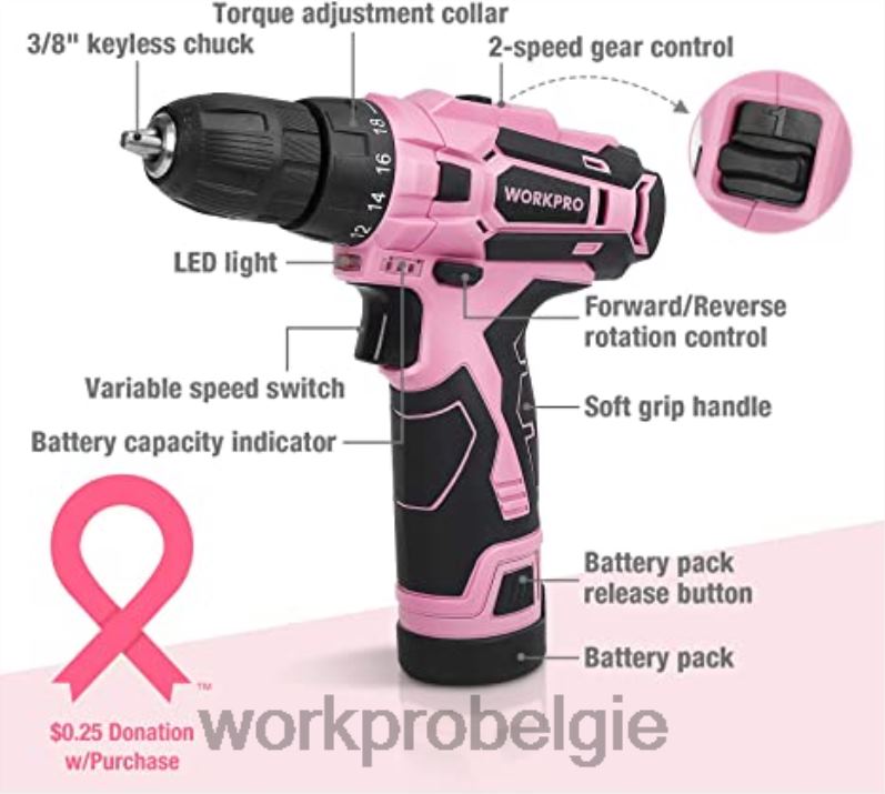 WORKPRO 12V accuboormachineset & 6-in-1 nietpistool & 8-delige magnetische schroevendraaierset & draadloos smeltlijmpistool 6BNP0313 hulpmiddel roze
