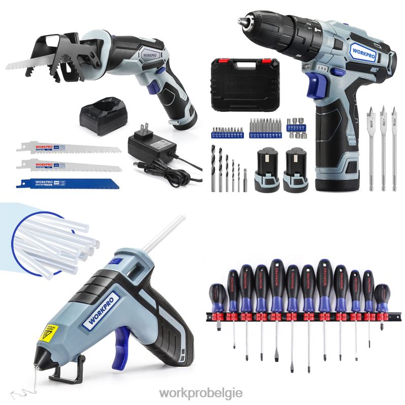 WORKPRO 12v accu reciprozaag & 12v accuboormachine kit & 12 stuks magnetische schroevendraaiers set & draadloos lijmpistool 6BNP0321 hulpmiddel bruikbaar