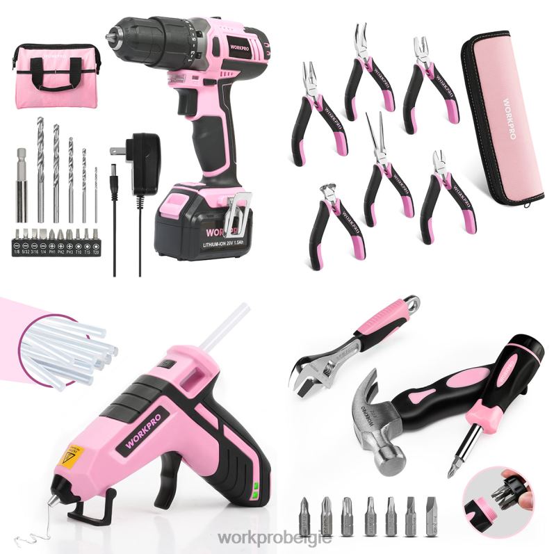 WORKPRO 20V accuboormachineset & 6-delige minitang & 10-delige gereedschapsset & acculijmpistool 6BNP0316 hulpmiddel roze