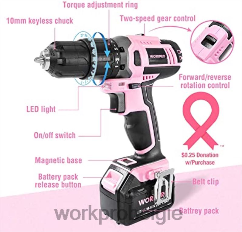 WORKPRO 20V accuboormachineset & 6-delige minitang & 10-delige gereedschapsset & acculijmpistool 6BNP0316 hulpmiddel roze