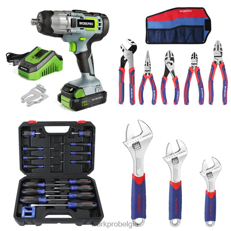 WORKPRO 20V accuslagmoersleutel & 5-delige tangenset & 16-delige magnetische schroevendraaierset & 3-delige verstelbare moersleutelset 6BNP0319 hulpmiddel behulpzaam