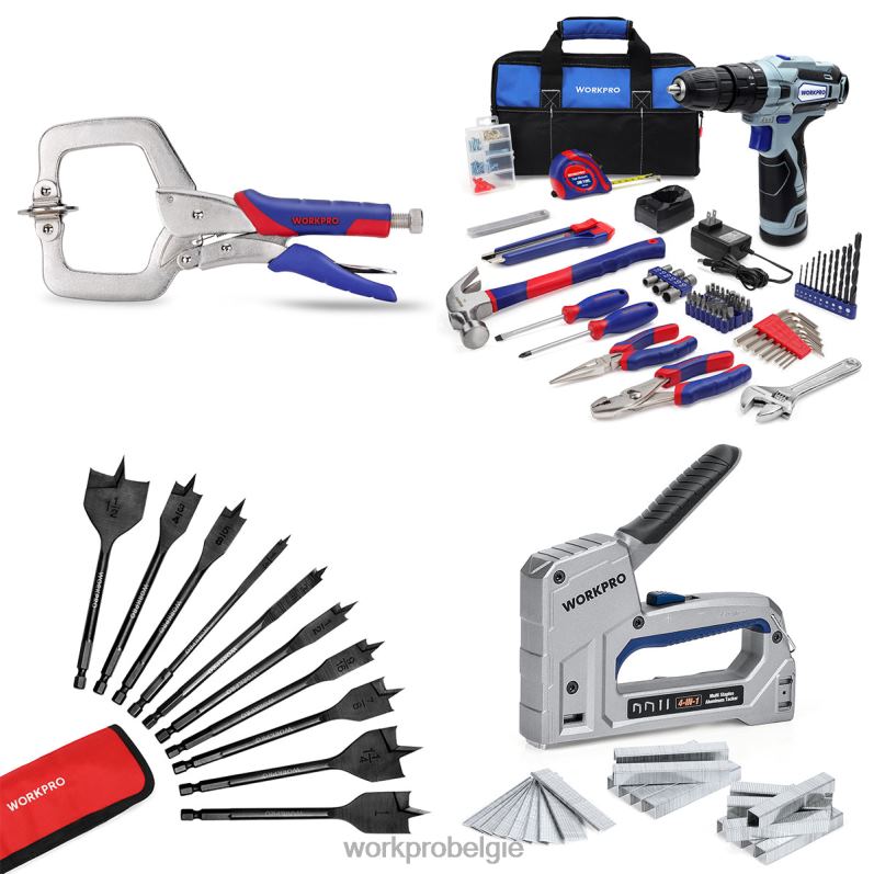 WORKPRO Gezichtsklem & 12V accuboormachine en gereedschapsset voor thuis & 10-delige professionele spade-boorset & 4-in-1 nietpistool voor zwaar gebruik 6BNP0318 hulpmiddel bruikbaar