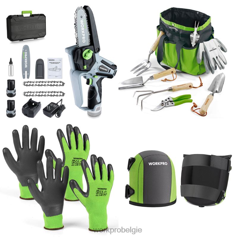 WORKPRO accukettingzaag & 7-delige tuingereedschapset & 2 paar tuinhandschoenen & tuinkniebeschermers 6BNP0314 hulpmiddel bruikbaar