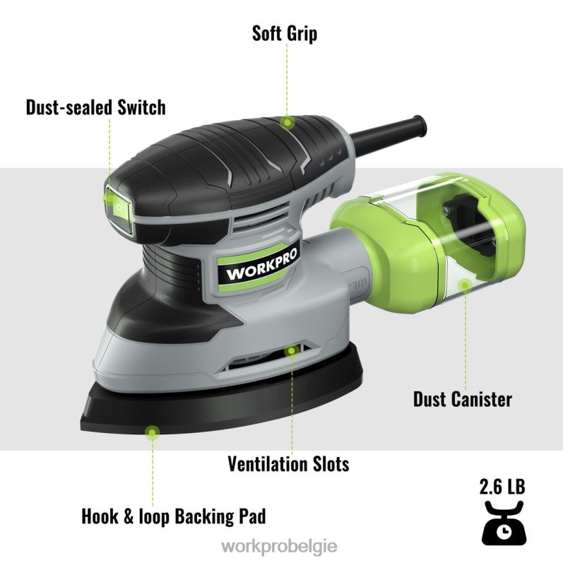 WORKPRO Detailschuurmachine van 1,6 ampère, compacte elektrische schuurmachine van 13.000 opm met stofafscheider 6BNP0239 hulpmiddel behulpzaam