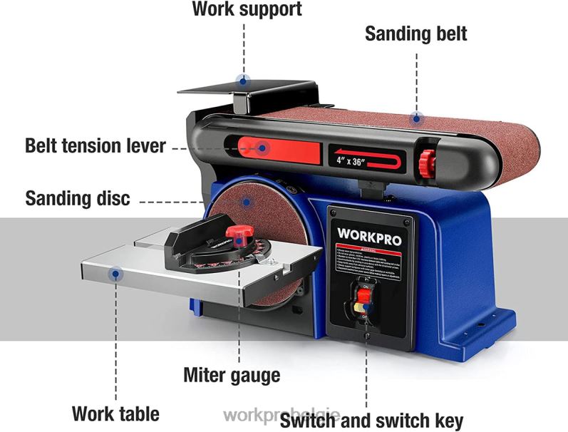 WORKPRO bandschijfschuurmachine, 4 inch x 36 inch band- en 6 inch schijfschuurmachine met 6 stuks schuurpapier, gietijzeren voet voor het schuren van houtbewerking 6BNP0235 hulpmiddel bruikbaar