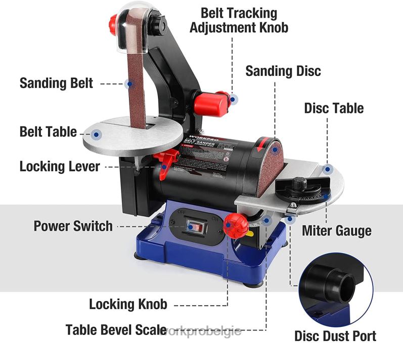 WORKPRO schijfbandschuurmachine, 1 inch x 30 inch riem en 5 inch schuurschijf, inclusief 6 stuks schuurpapier 6BNP0237 hulpmiddel behulpzaam