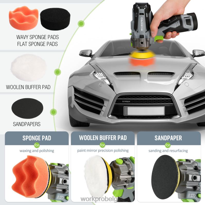 WORKPRO Accu-polijstmachine van 12 V, buffer- en schuurmachine voor mini-auto\'s met 2 li-ionbatterijen 6BNP0229 hulpmiddel bruikbaar