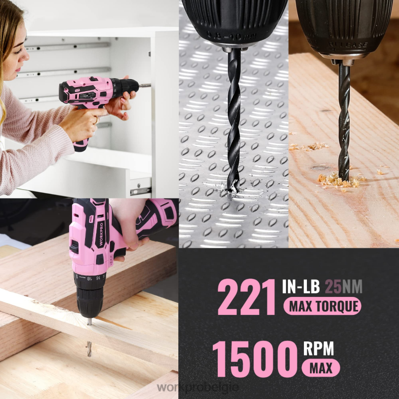 WORKPRO 108-delige draagbare gereedschapsset met boormachine 6BNP0173 hulpmiddel roze/grijs