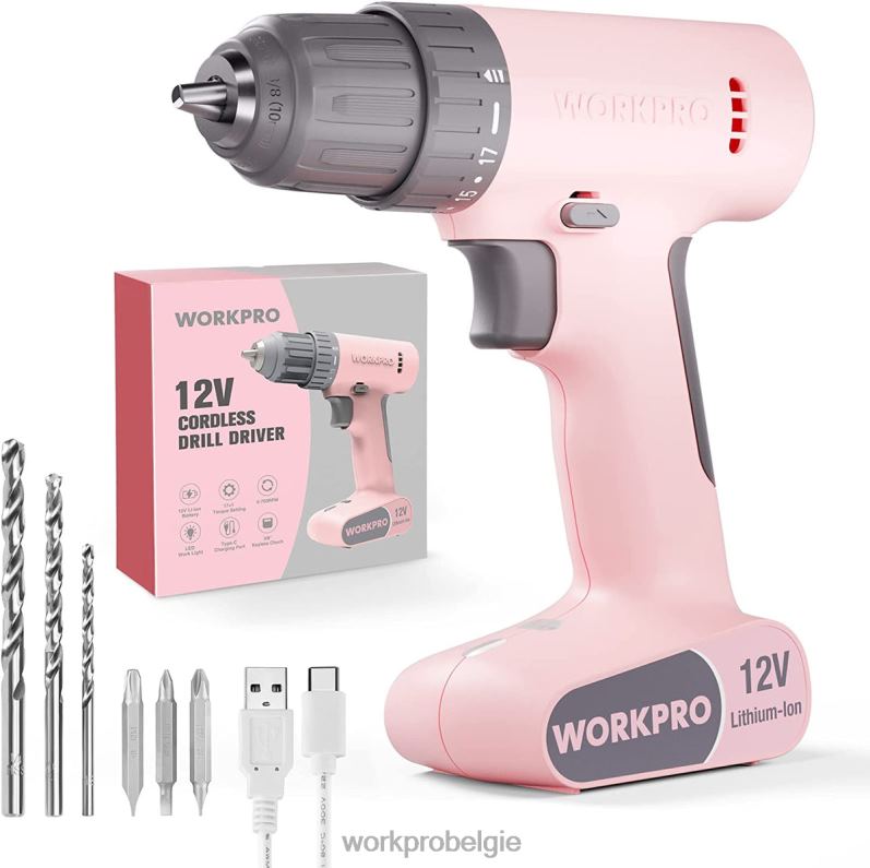 WORKPRO 12V accuboormachineset met 6 bits, 3/8-inch snelspanboorhouder, variabele snelheid, 18 touque-instellingen 6BNP0175 hulpmiddel roze/wit