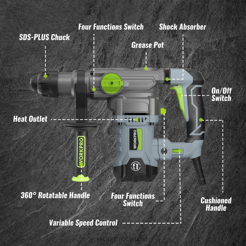 WORKPRO 12,5 ampère 1-1/4 inch premium sds-plus boorhamer, zware versie met snoer 6BNP0179 hulpmiddel behulpzaam