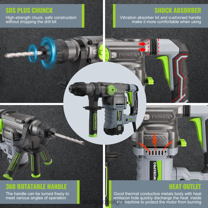 WORKPRO 12,5 ampère 1-1/4 inch premium sds-plus boorhamer, zware versie met snoer 6BNP0179 hulpmiddel behulpzaam