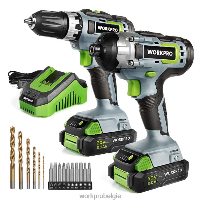 WORKPRO 20V accuboormachine combokit, boormachine en slagschroevendraaier met 2x 2,0 Ah batterijen en 1 uur snellader 6BNP0169 hulpmiddel behulpzaam