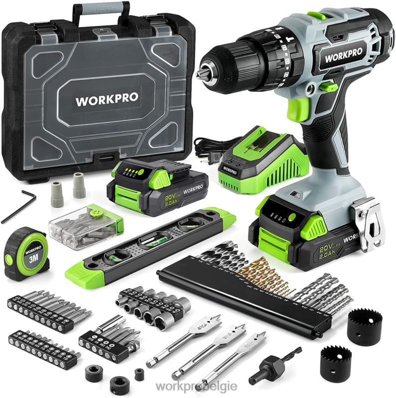 WORKPRO 20v max. accuboormachineset, elektrische klopboormachine met 102 stuks accessoires, 2 x 2,0ah li-ionbatterijen met snellader 6BNP0170 hulpmiddel bruikbaar