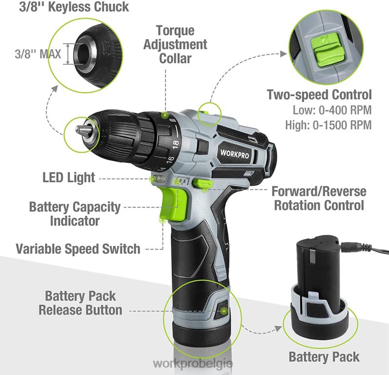 WORKPRO 61-delige 12V accuboormachine en gereedschapsset voor thuis, inclusief 14-inch opbergtas 6BNP0174 hulpmiddel grijs