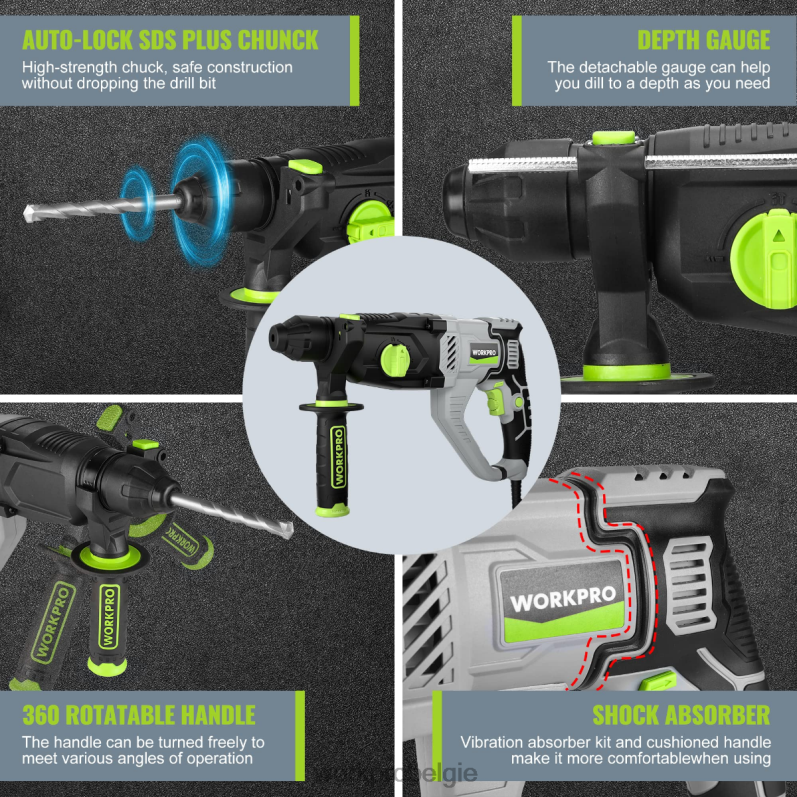 WORKPRO 7,5 ampère 1-1/4 inch premium sds-plus boorhamer, lichtgewicht versie met snoer 6BNP0178 hulpmiddel bruikbaar