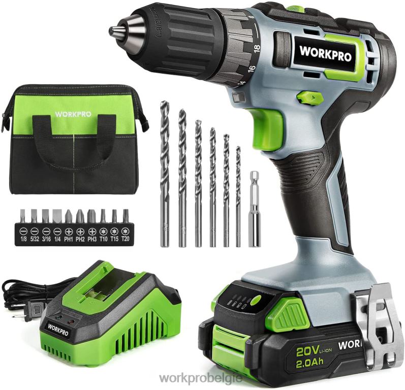 WORKPRO Inclusief 20 V accuboormachinekit, 2,0 Ah li-ionbatterij, 1 uur snellader en 11 inch opbergtas 6BNP0176 hulpmiddel groente