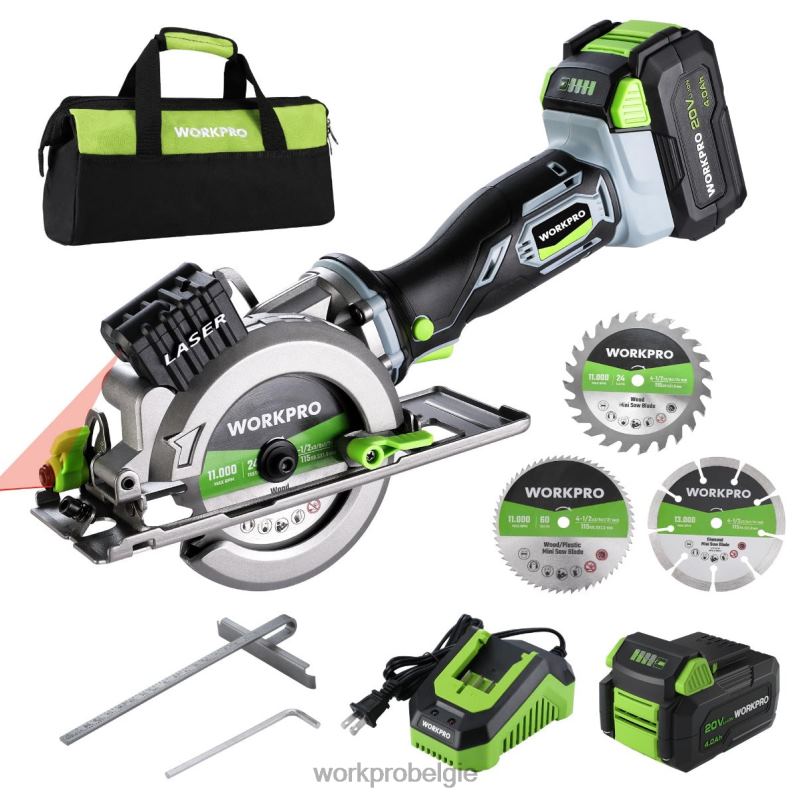 WORKPRO compacte accu mini-cirkelzaag, 20v 4.0ah accu, snellader, 3 zaagbladen, 4500rpm 6BNP0186 hulpmiddel behulpzaam