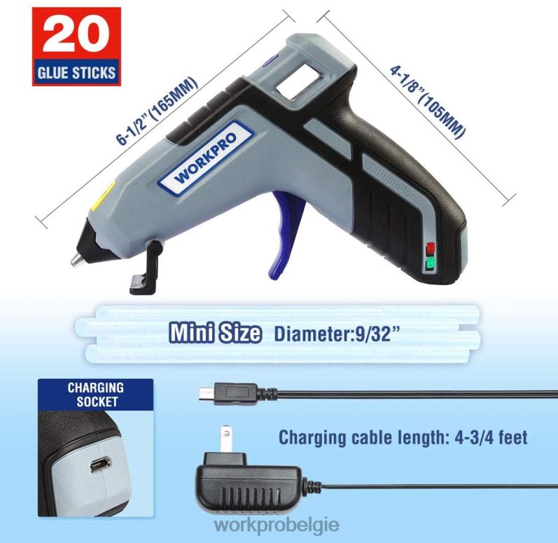 WORKPRO Draadloos smeltsnel voorverwarmend mini-lijmpistool met 20 stuks premium lijmstift 6BNP0163 hulpmiddel blauw/roze
