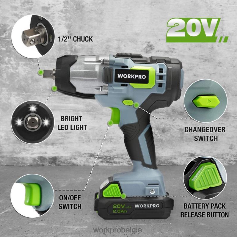 WORKPRO Accu-slagmoersleutel van 20 V met snellader-riemclip voor gemakkelijk dragen 6BNP0187 hulpmiddel morden