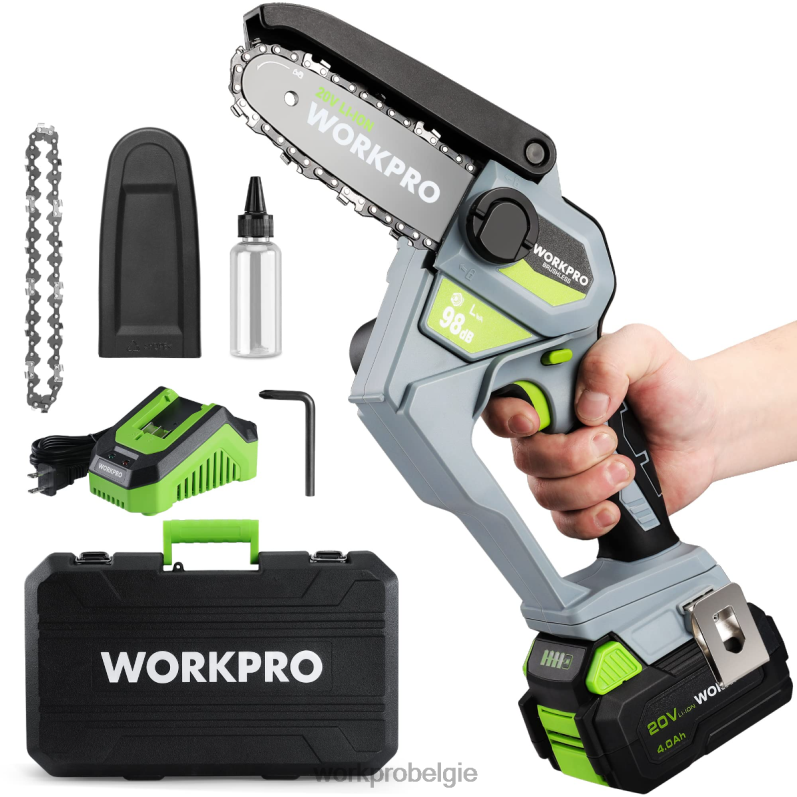 WORKPRO 20V borstelloze compacte accukettingzaag met 4,0 Ah batterij en vervangende ketting 6BNP0298 hulpmiddel morden