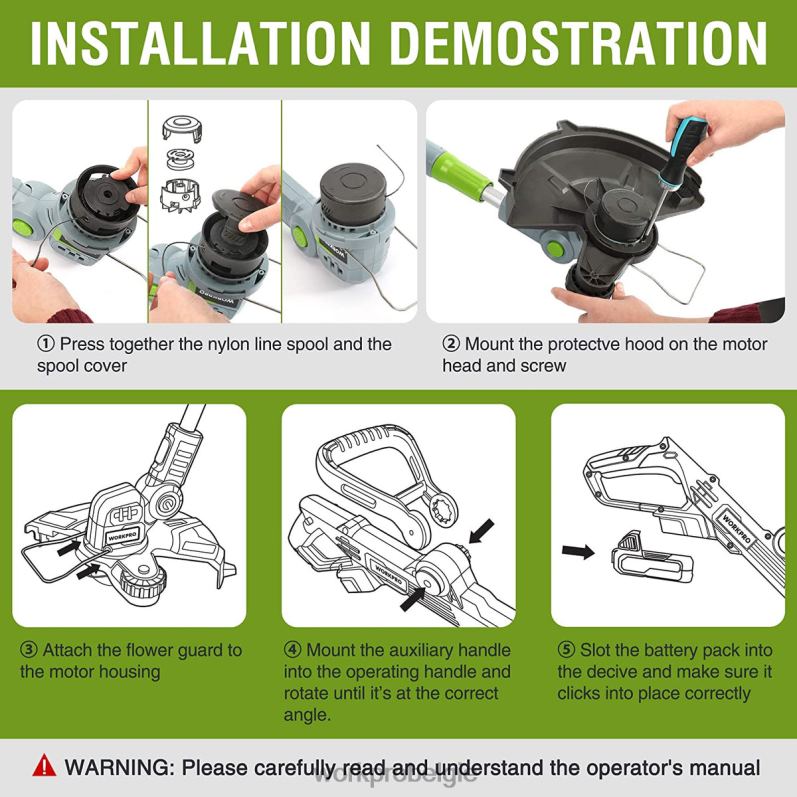 WORKPRO 20 V draadloze grastrimmer / kantensnijder 12 inch met 2 Ah lithium-ionbatterij Snellader voor 1 uur Inclusief trimmersnoer van 4,5 m 6BNP0293 hulpmiddel behulpzaam