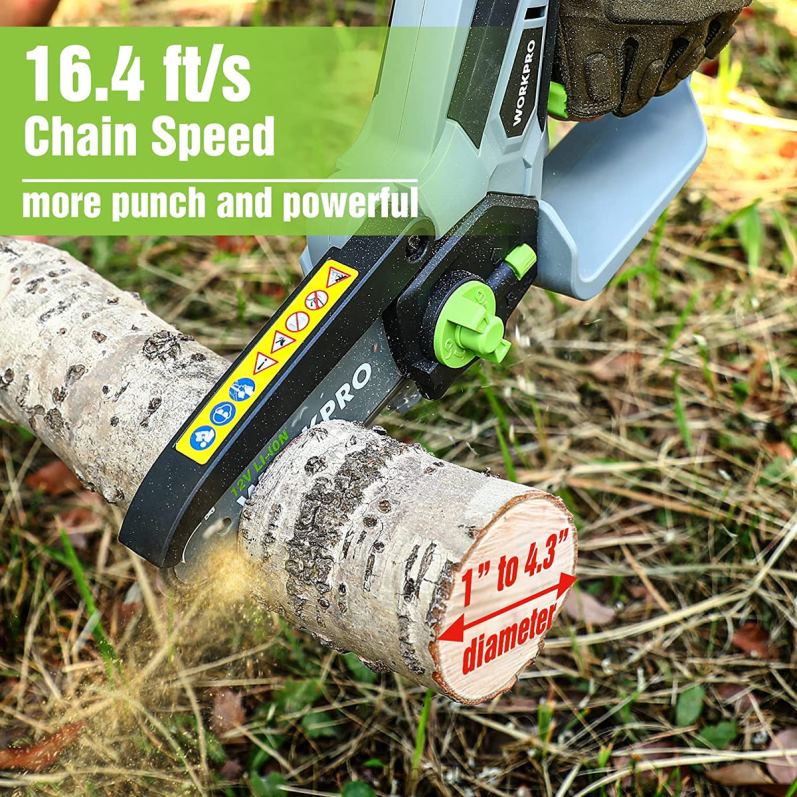 WORKPRO mini-kettingzaag, draadloze elektrische compacte kettingzaag met 2 accu\'s, vervangend zaagblad en ketting 6BNP0291 hulpmiddel nieuw