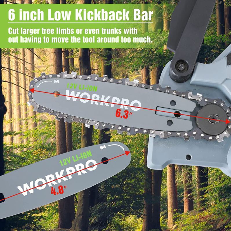 WORKPRO mini-kettingzaag, draadloze elektrische compacte kettingzaag met 2 accu\'s, vervangend zaagblad en ketting 6BNP0291 hulpmiddel nieuw