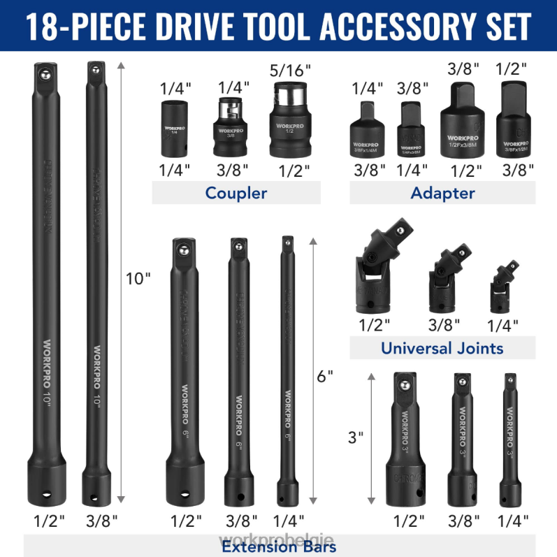 WORKPRO 18-delige accessoireset voor aandrijfgereedschap 6BNP0137 hulpmiddel morden