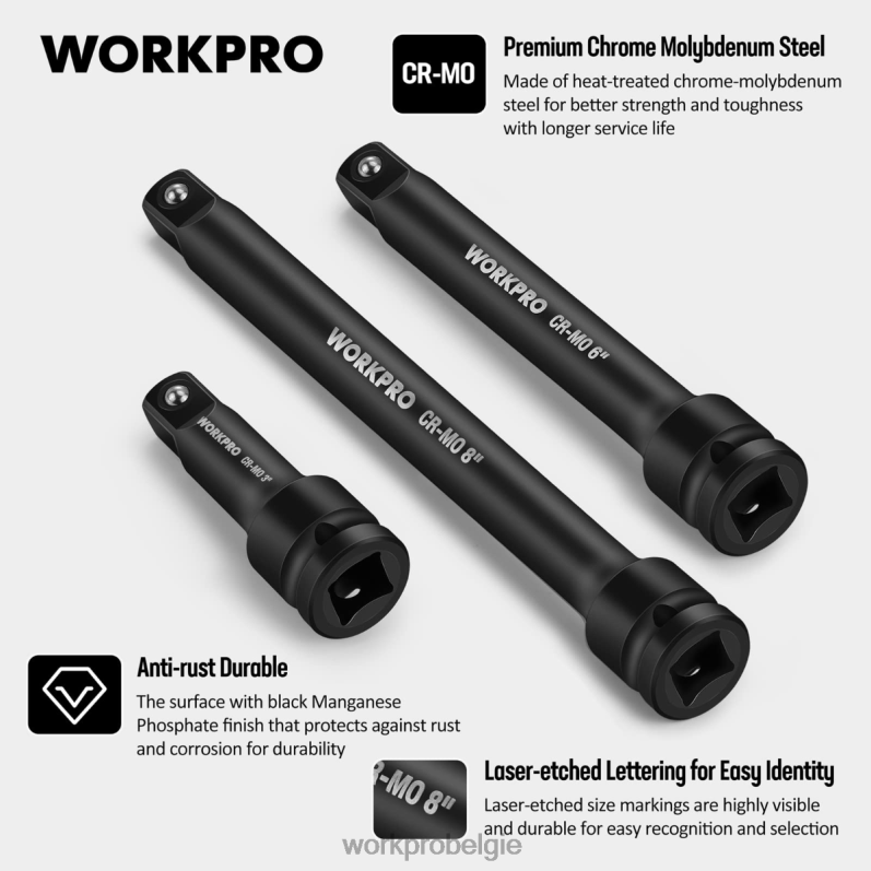 WORKPRO 3-delige 3, 6, 8 inch 1/2-inch impactverlengingssets met dopsleutels 6BNP0202 hulpmiddel bruikbaar