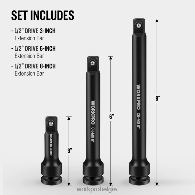 WORKPRO 3-delige 3, 6, 8 inch 1/2-inch impactverlengingssets met dopsleutels 6BNP0202 hulpmiddel bruikbaar