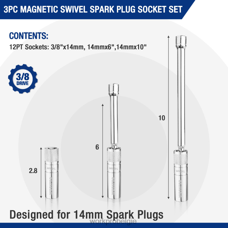 WORKPRO 3 stuks-14 mm dunne wandcontactdoos met 6- en 10-inch verlengstukkenmagnetische draaibare bougiedopset 6BNP0143 hulpmiddel behulpzaam