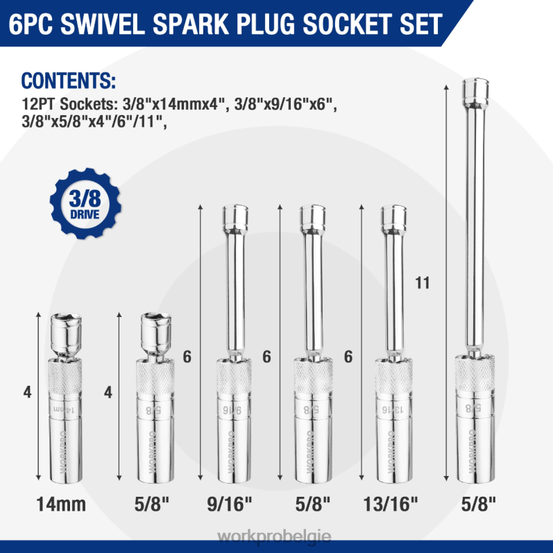 WORKPRO 6 stuks - 9/16-inch, 5/8-inch, 13/16-inch, 14 mm dunne wandcontactdozen met 4, 6, 11-inch verlengstukken magnetische draaibare bougiedopset 6BNP0139 hulpmiddel nieuw