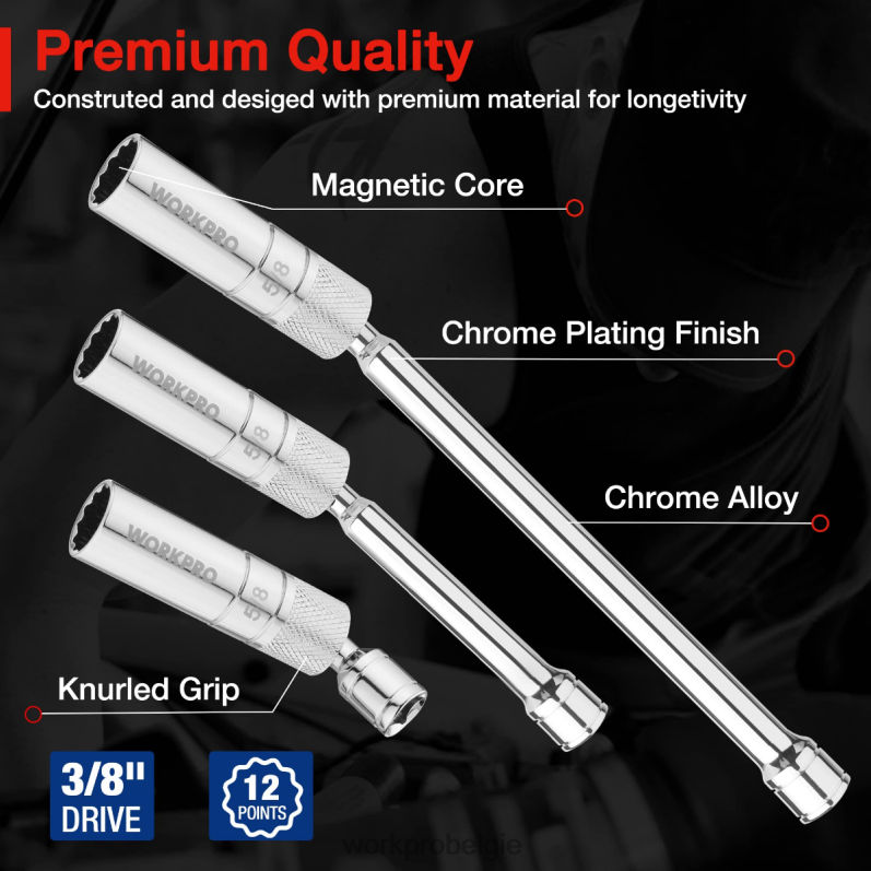 WORKPRO 6 stuks - 9/16-inch, 5/8-inch, 13/16-inch, 14 mm dunne wandcontactdozen met 4, 6, 11-inch verlengstukken magnetische draaibare bougiedopset 6BNP0139 hulpmiddel nieuw