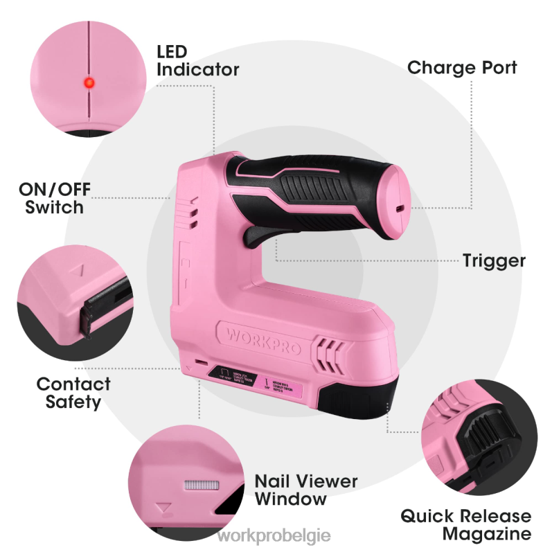WORKPRO 3,6 V 2,0 Ah accu-aangedreven elektrisch draadloos 2-in-1 niet- en spijkerpistool 6BNP0265 hulpmiddel roze/grijs