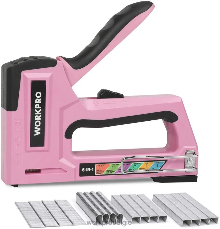 WORKPRO 6-in-1 handmatige brad-spijkermachine, bekledingsnietmachine, schiethamer 6BNP059 hulpmiddel roze/grijs