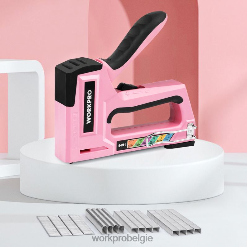 WORKPRO 6-in-1 handmatige brad-spijkermachine, bekledingsnietmachine, schiethamer 6BNP059 hulpmiddel roze/grijs