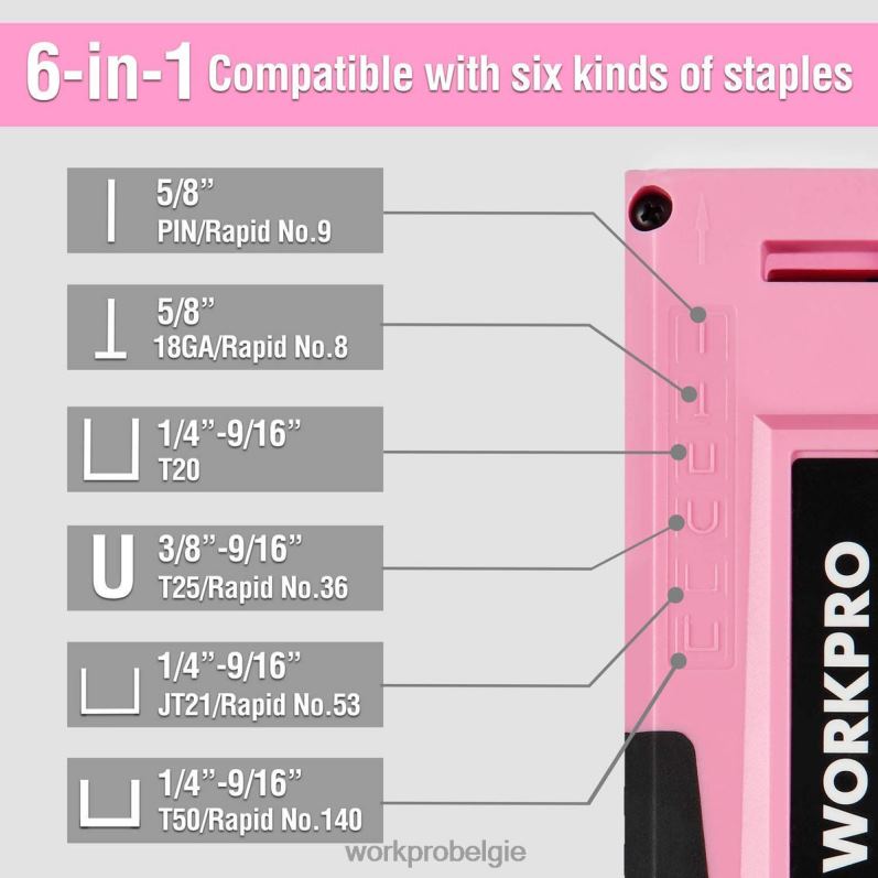 WORKPRO 6-in-1 handmatige brad-spijkermachine, bekledingsnietmachine, schiethamer 6BNP059 hulpmiddel roze/grijs